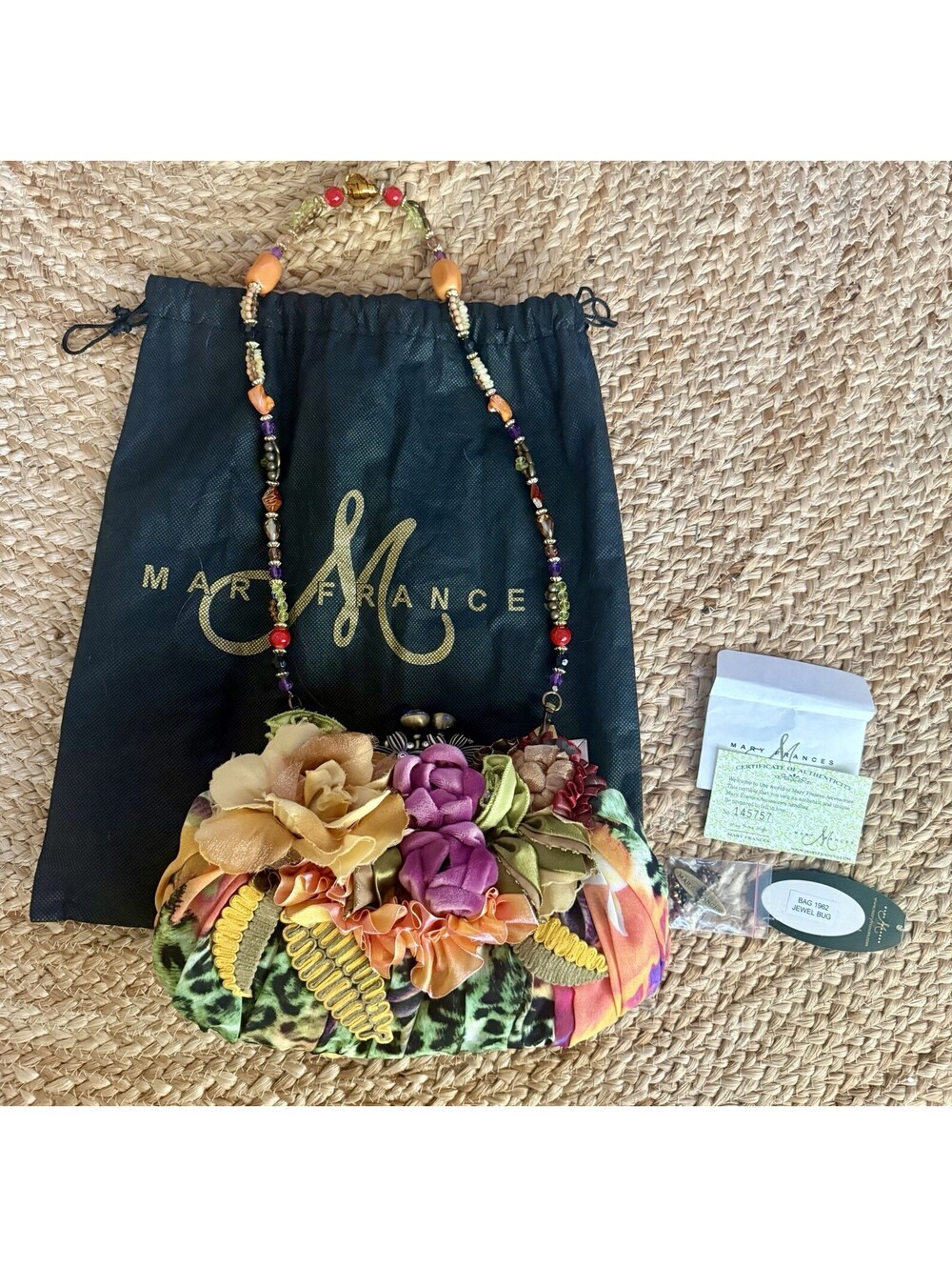 Mary Frances "Jewel Bug" Handbag Vintage Floral Beaded Silk Evening Bag COA